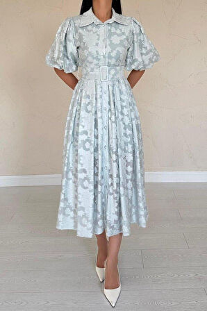 Mint Kemerli Balon Kollu Elbise