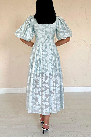 Mint Kemerli Balon Kollu Elbise