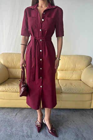 TENCEL ÖNDEN DÜĞMELİ KISA KOL ELBİSE - Bordo