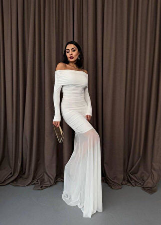 Tül Detaylı Straplez Elbise