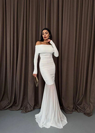 Tül Detaylı Straplez Elbise