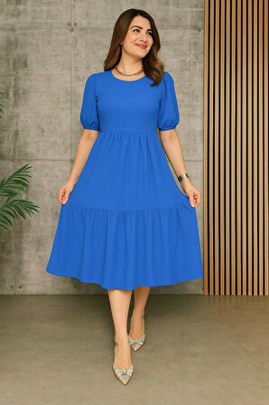 Kadın Kısa Kollu Yakası Açık Katlı Bürümcük Balon Elbise