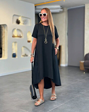Kadın Kısa Kollu Bisiklet Yaka Asimetrik Kesim ön Viskon Arkası Trikoton Elbise