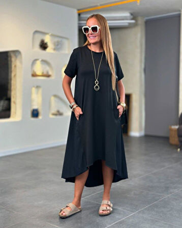 Kadın Kısa Kollu Bisiklet Yaka Asimetrik Kesim ön Viskon Arkası Trikoton Elbise