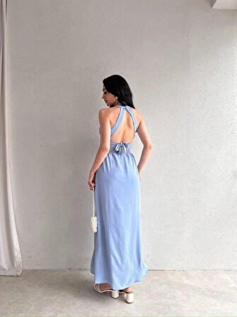 Kadın Krinkil Kumaş Beli Gipeli Halter Yaka Maxi Boy Elbise