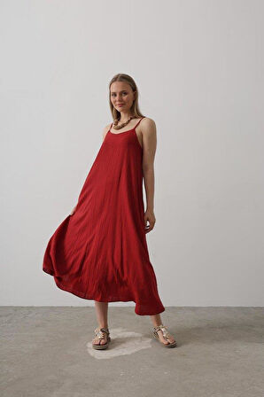 Askılı Uzun Çan Elbise - Bordo