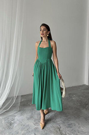 Yeşil Boyundan Bağlamalı Keten Elbise