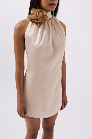 Gül Detay Mini Saten Elbise