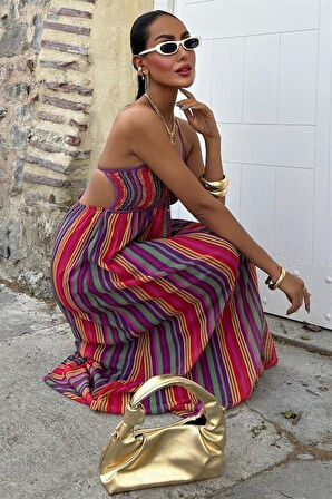 Askılı Pile Detaylı Renkli Maxi Elbise 2748