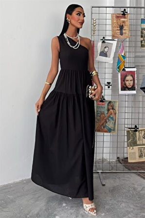 Tek Omuzlu Pile Detay Maxi Elbise 2895