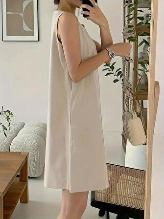 Kadın Askılı Sıfır Kol A Kesim Detaylı Ithal Krep Elbise