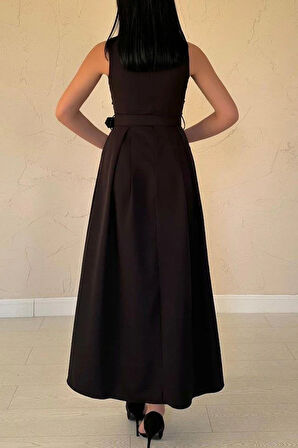 Siyah Önü Dantel Detaylı Kemerli Elbise