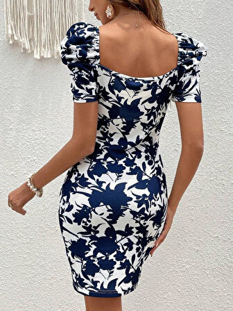 Kadın Kısa Kollu Kruvaze Yakalı çiçek Baskılı Süprem Elbise