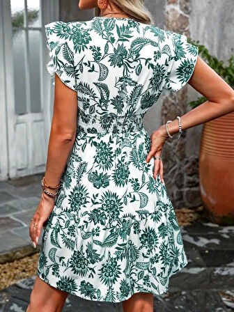 Kadın Kısa Fırfır Kollu Kruvaze Yaka çiçekli Atlas Elbise