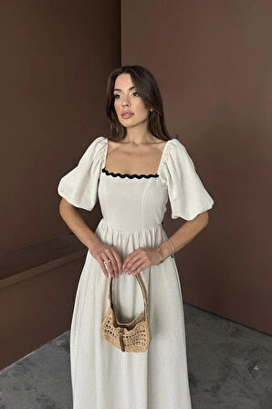 Bej Arkası Bağlamalı Keten Elbise