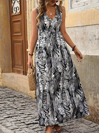 Kadın Askılı V Yakalı Belden Bağcıklı Geniş Kesim Desenli Süprem Elbise