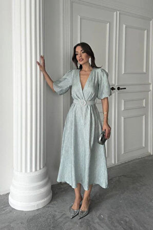 Mint Işıltılı Kemerli Kruvaze Elbise