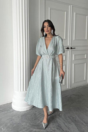 Mint Işıltılı Kemerli Kruvaze Elbise