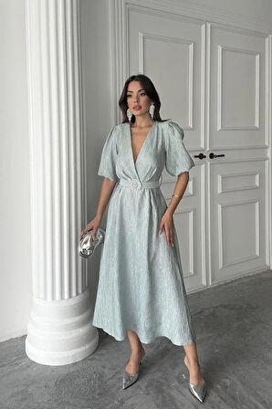 Mint Işıltılı Kemerli Kruvaze Elbise