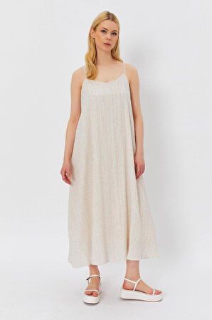 Askılı Uzun Çan Elbise - Natür