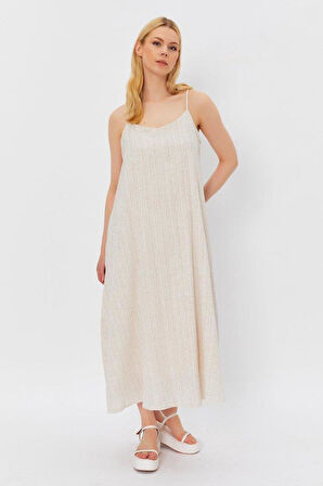 Askılı Uzun Çan Elbise - Natür