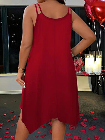 Kadın Askılı Yuvarlak Asimetrik Kesim Detaylı Viskon Elbise