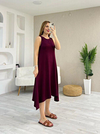 Kadın Askılı Yuvarlak Yakalı Asimetrik Kesim Detaylı Viskon Elbise