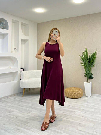 Kadın Askılı Yuvarlak Yakalı Asimetrik Kesim Detaylı Viskon Elbise