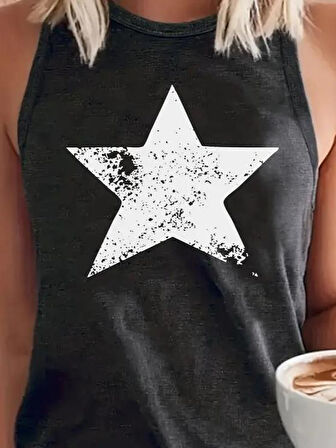 Kadın Askılı Yuvarlak Yaka Yıldız Desenli Süprem Bluz