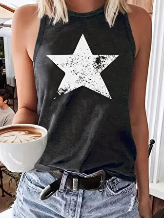 Kadın Askılı Yuvarlak Yaka Yıldız Desenli Süprem Bluz