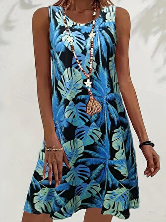 Kadın Mavi Yaprak Baskılı Askılı Süprem Elbise