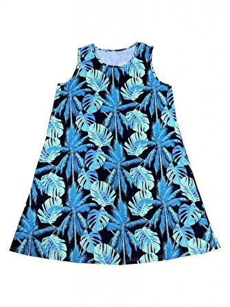 Kadın Mavi Yaprak Baskılı Askılı Süprem Elbise
