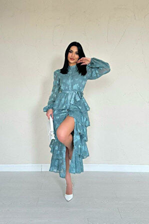 Mint Valonlu Şeritli Kat Kat Elbise