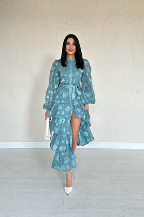 Mint Valonlu Şeritli Kat Kat Elbise