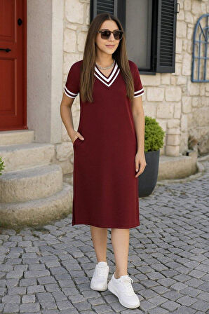 Kadın Kısa Kollu V Yaka Ve Yaka Ribana Detay Midiboy Viskon Elbise