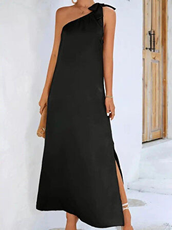 Kadın Tek Omuzdan Askılı Kurdela Detaylı Yırtmaçlı Uzun Janjan Krep Elbise