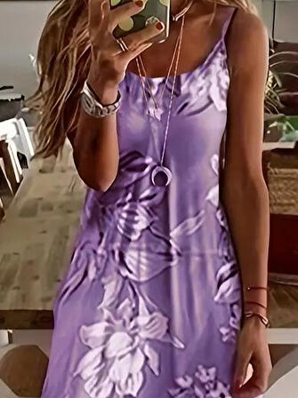 Kadın Askılı Yuvarlak Yaka Etek Geniş Kesim Desenli Süprem Elbise