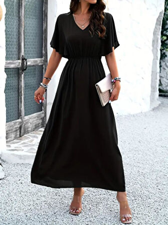 Kadın Kısa Kollu V Yakalı Beli Lastikli Uzun Viskon Elbise