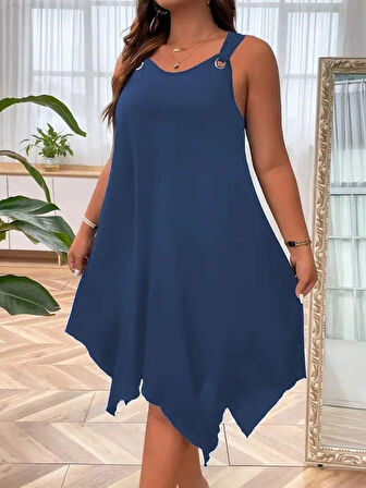 Kadın Askılı Yuvarlak Yaka Kuş Gözü Detaylı Asimetrik Viskon Elbise