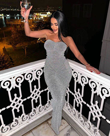 Straplez Simli Uzun Elbise