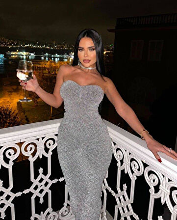 Straplez Simli Uzun Elbise