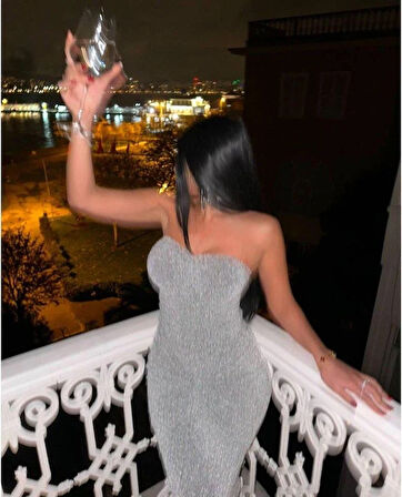 Straplez Simli Uzun Elbise