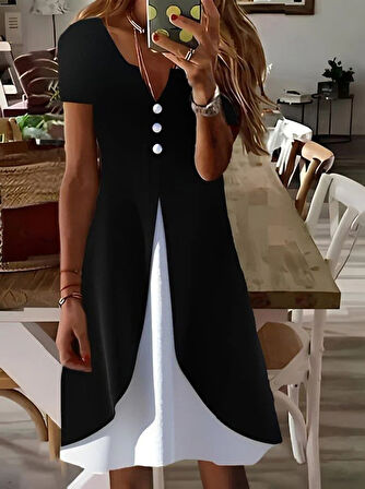Kadın Kısa Kollu V Yakalı önden Düğmeli çift Renkli Viskon Elbise
