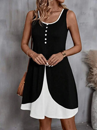 Kadın Askılı Yuvarlak Yaka önden Düğmeli çift Renkli Viskon Elbise
