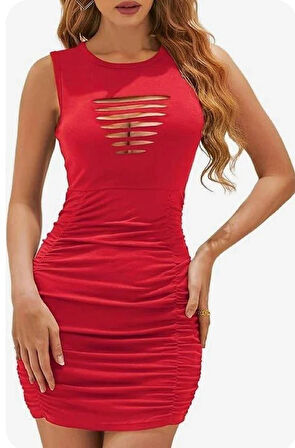 Kadın Askılı Bisiklet Yaka Lazer Dekolte Detaylı Kısa Janjan Krep Elbise