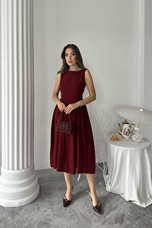 Bordo Yanları Büzgülü Midi Boy Keten Elbise