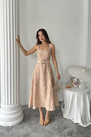 Bej Kuplu Uzun Elbise