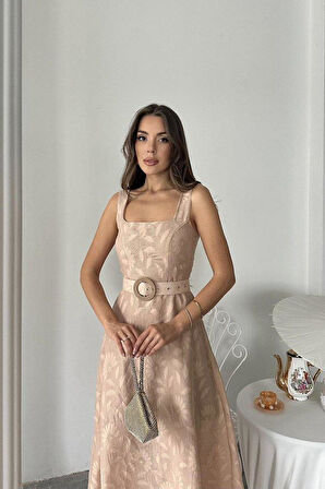 Bej Kuplu Uzun Elbise