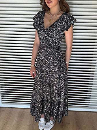 Kadın Kısa Kollu Kruvaze Yaka Beli Lastikli çiçek Desenli Elbise