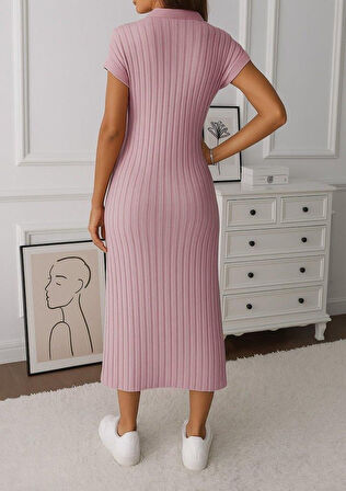 Kadın Kısa Kollu Yakalı Yandan Yırtmaçlı Kalın Fitilli Kaşkorse Elbise